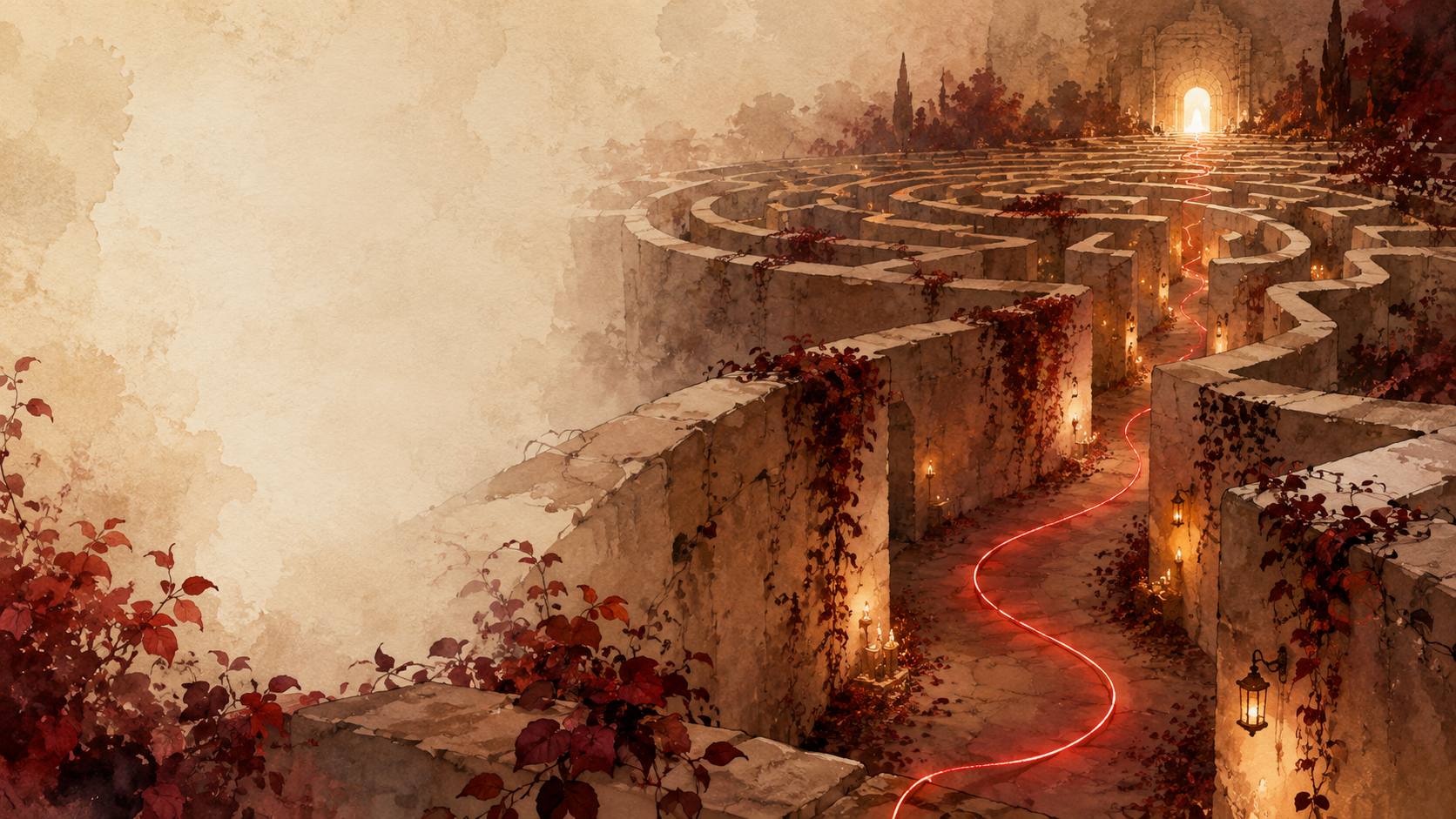 A glowing red thread winding through a vined stone labyrinth toward a lit archway